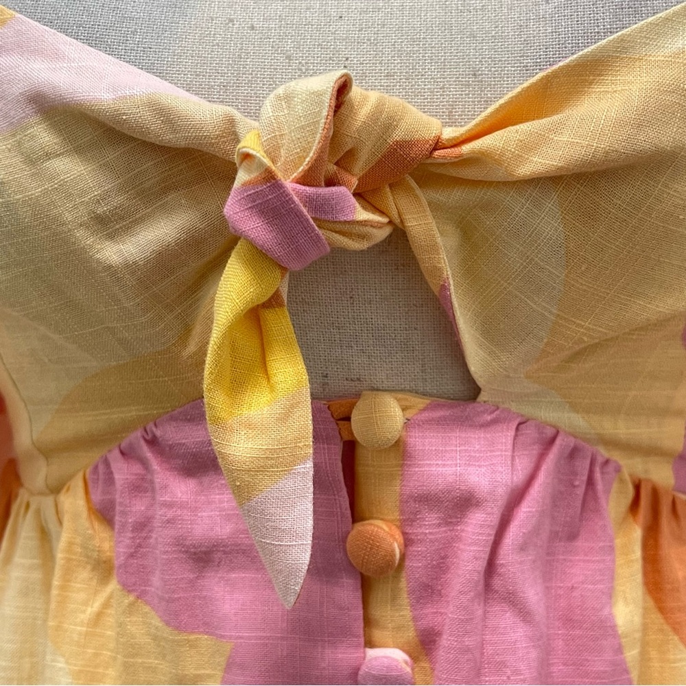 Sabo Alya Babydoll Pink Yellow Long Puff Sleeve Mini Dress Size X-Small - Picture 5 of 16